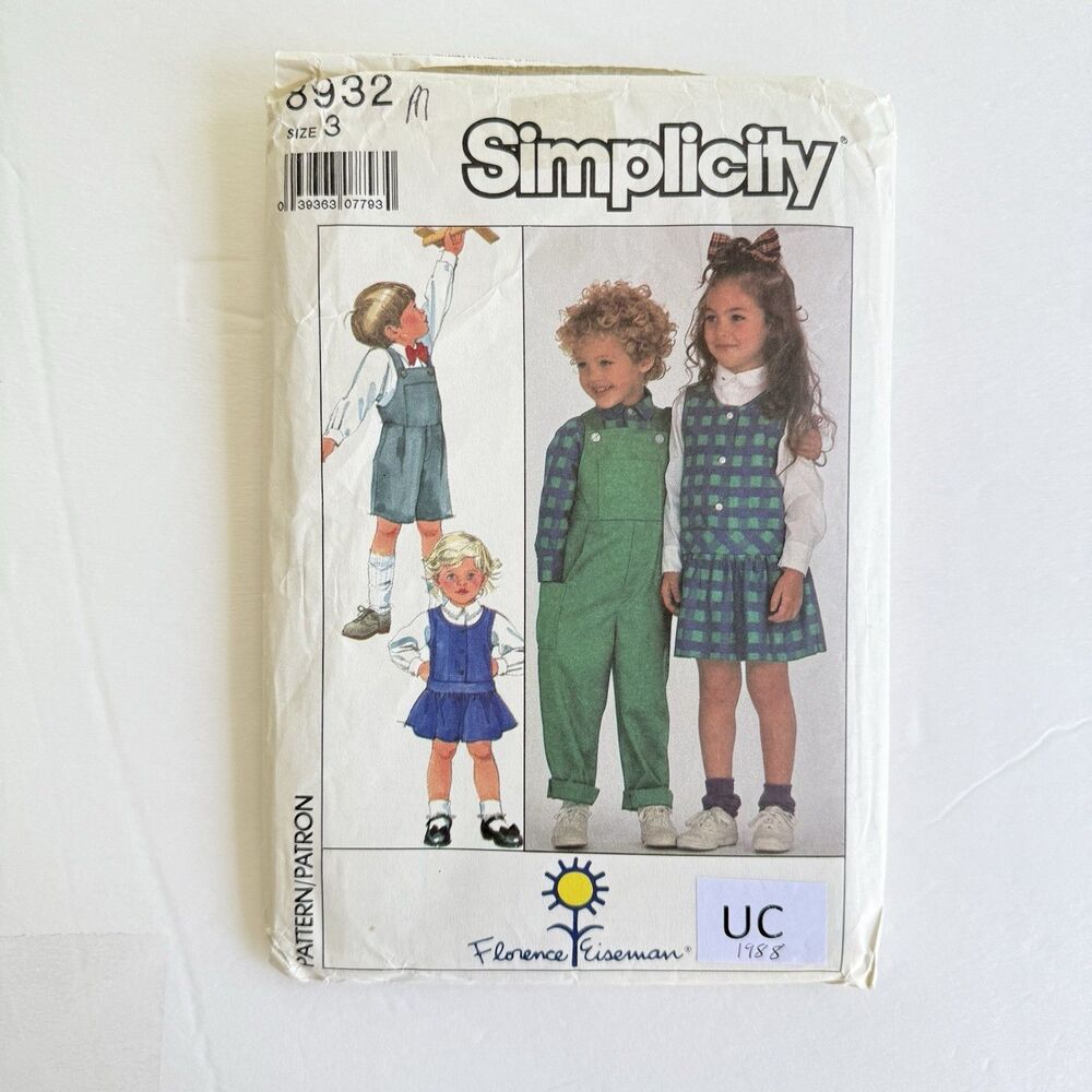 VTG SIMPLICITY PATTERN 8932 FLORENCE EISEMAN TWIN JUMPER OVERALLS SHIRT SZ 3 UC